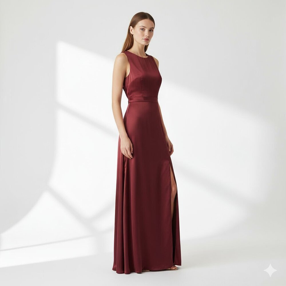 Vintage 90s Round Neck Open Back Floral Bow Maxi Evening Dress Burgundy Women 10